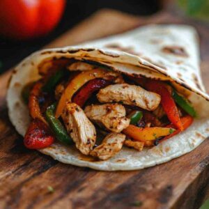 Fajitas au poulet avec poivrons colorés dans une tortilla, sur une planche en bois, avec des morceaux de poulet grillé et assaisonné