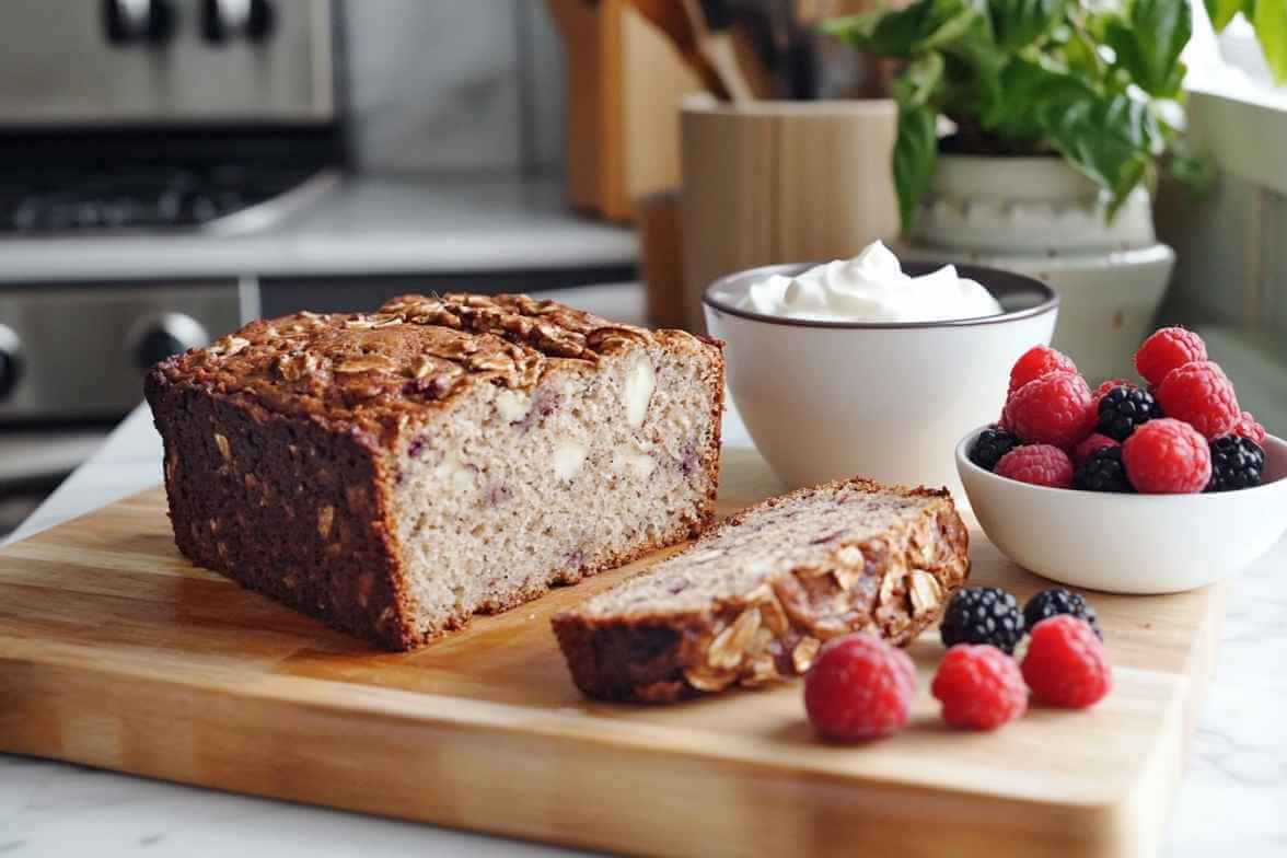 Banana bread healthy moelleux avec des fruits rouges frais et du fromage blanc, présenté sur une planche en bois dans une cuisine moderne et lumineuse