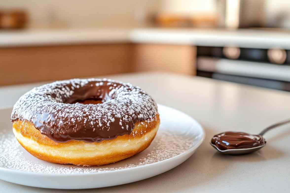 Beignet garni de chocolat au Nutella, saupoudré de sucre glace, posé sur une assiette avec une cuillère de Nutella à côté