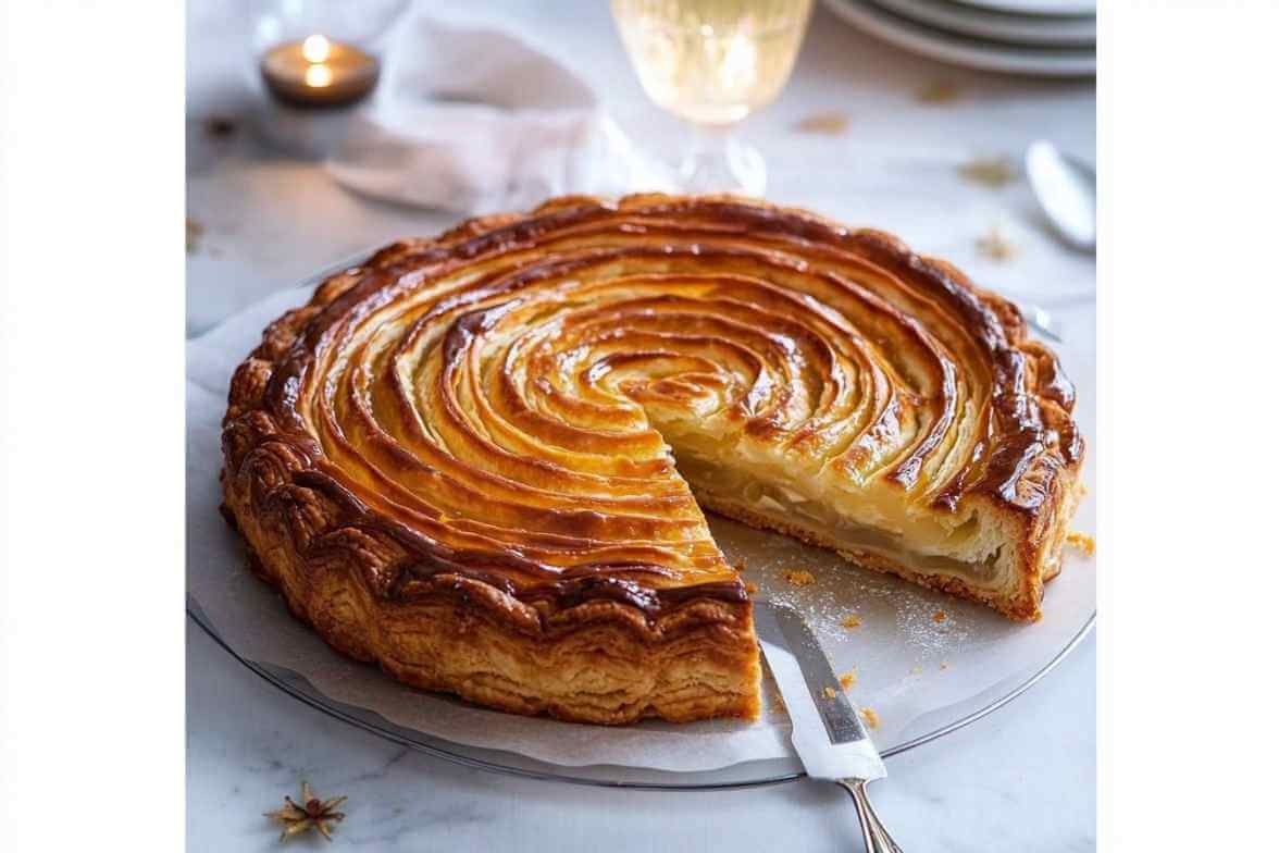 Galette des rois à la frangipane avec une part coupée montrant l'intérieur crémeux, sur une plaque de présentation.