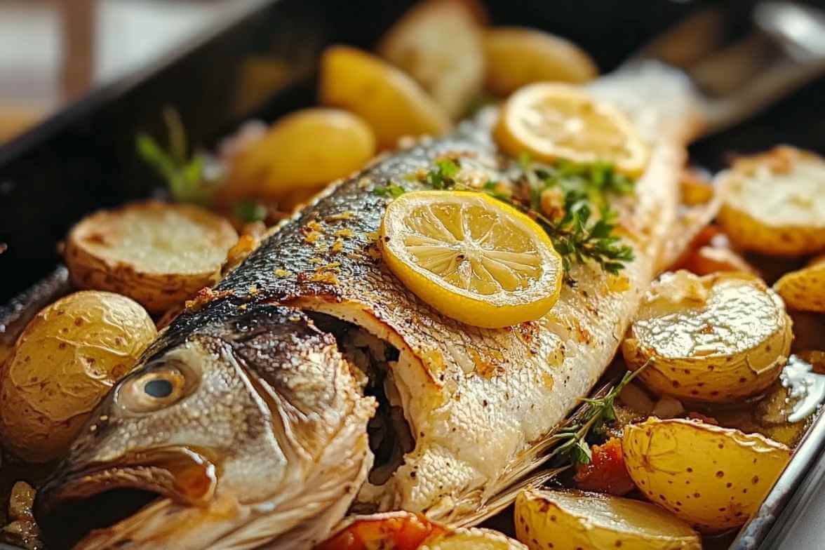 Poisson entier rôti au four avec des pommes de terre, des tranches de citron et des herbes fraîches.