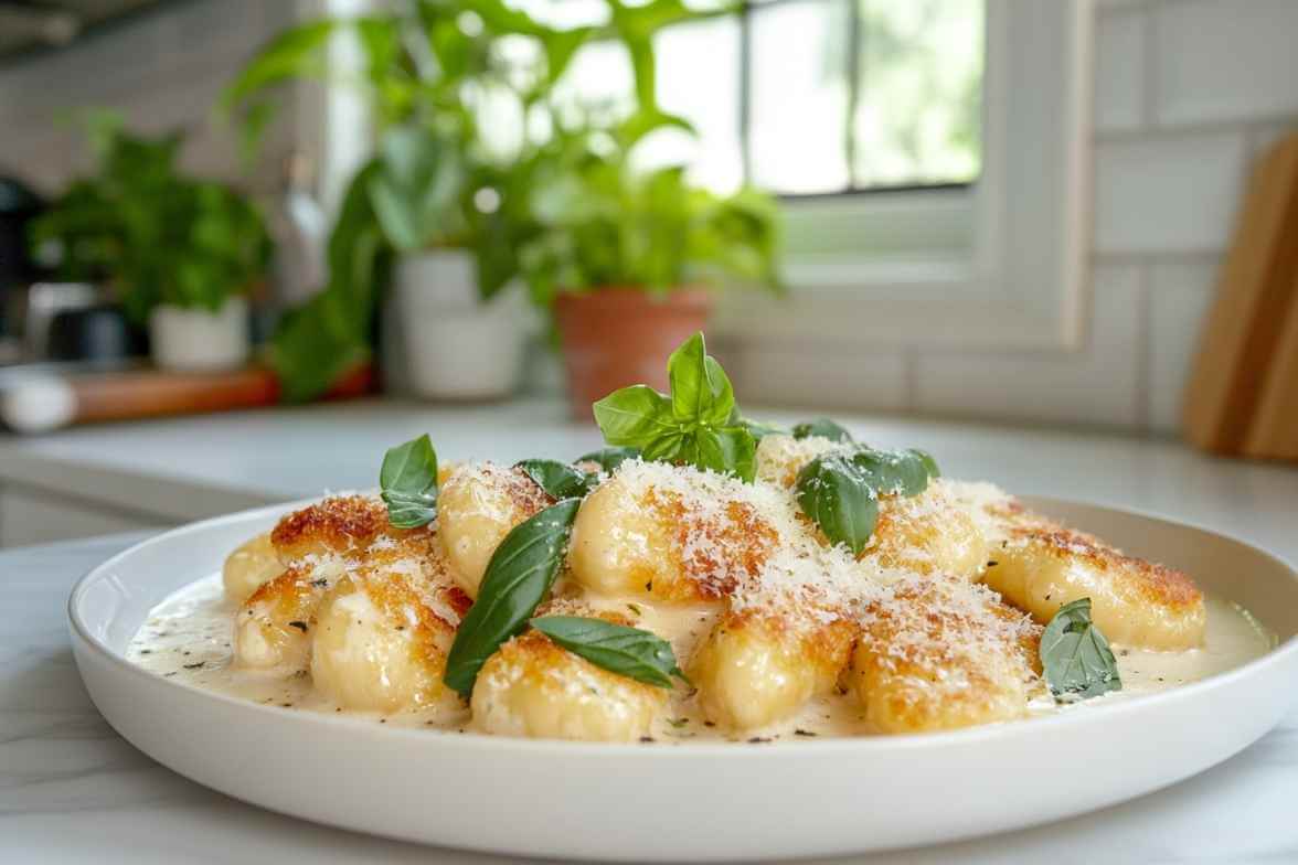 Gnocchis poêlés dorés avec sauce crémeuse, garnis de basilic frais et de parmesan râpé, dans une cuisine moderne lumineuse.