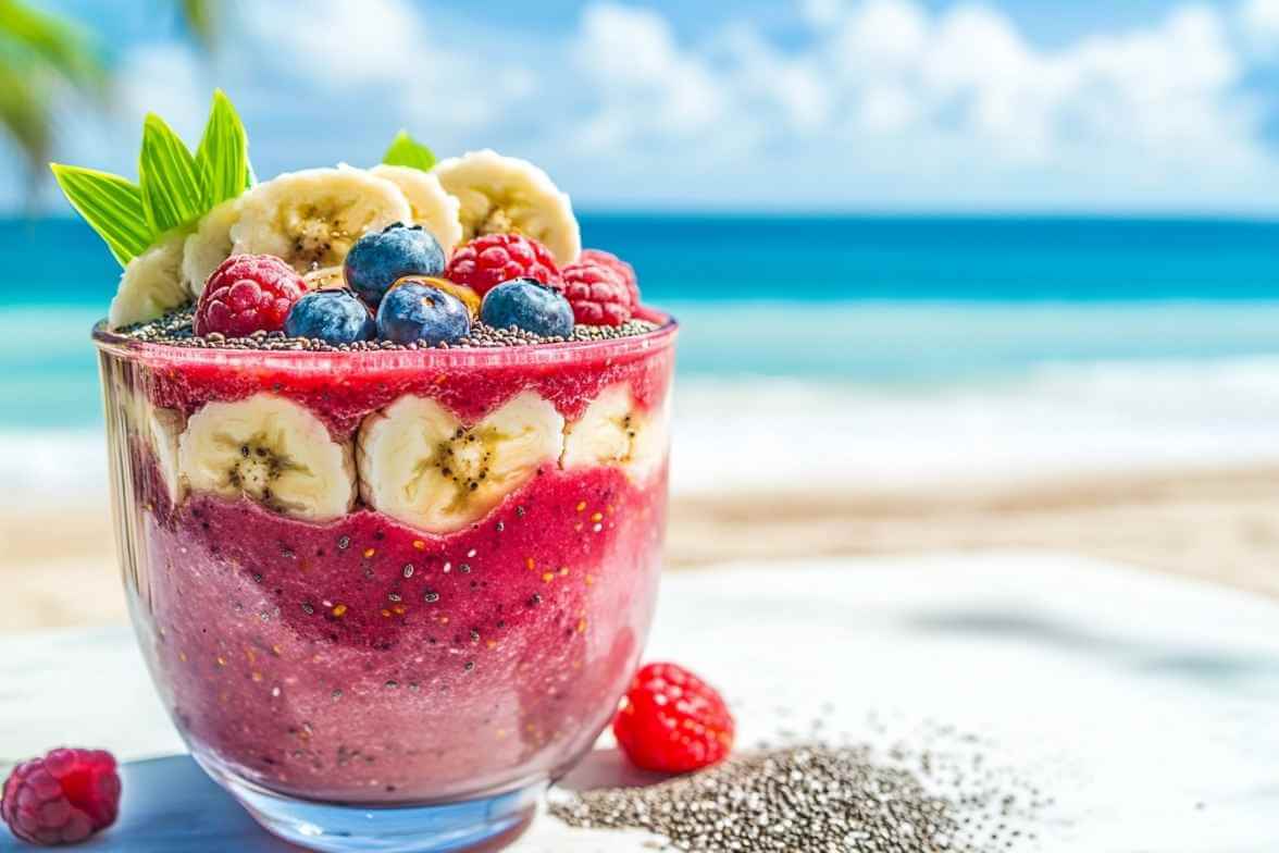 Smoothie aux fruits rouges avec des tranches de banane, des framboises, des myrtilles, des graines de chia et des feuilles de menthe, servi dans un verre transparent, avec un arrière-plan de plage ensoleillée à Miami