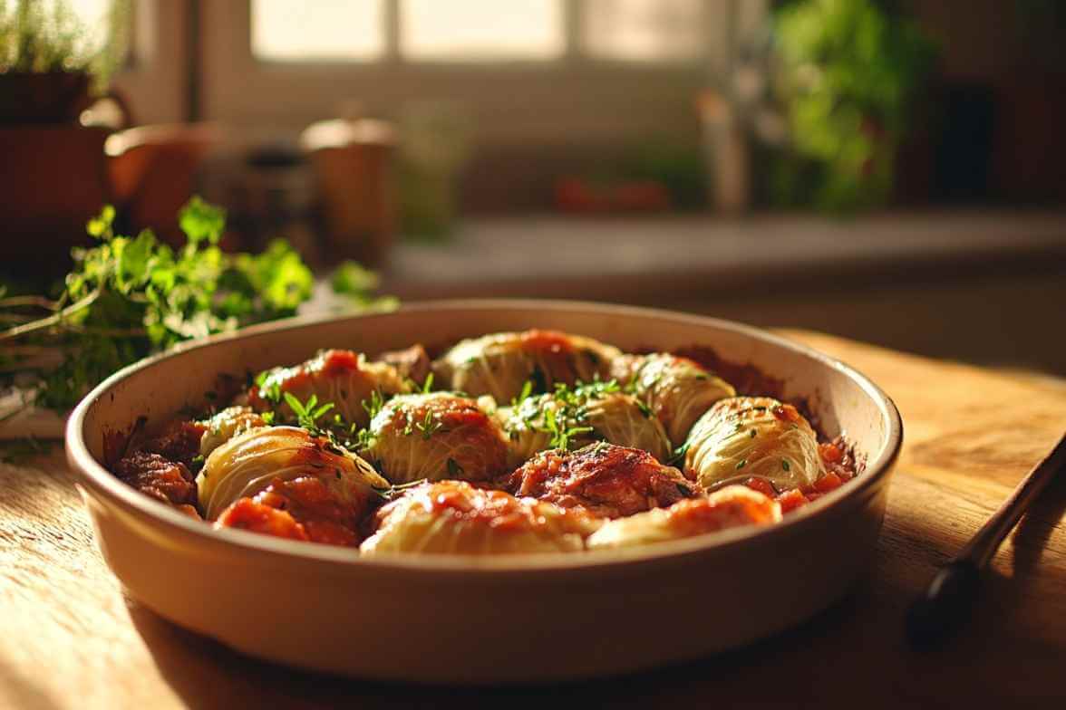 Choux farcis cuits dans un plat traditionnel, garnis de sauce tomate et d'herbes fraîches, avec un arrière-plan lumineux et chaleureux d'une cuisine auvergnate