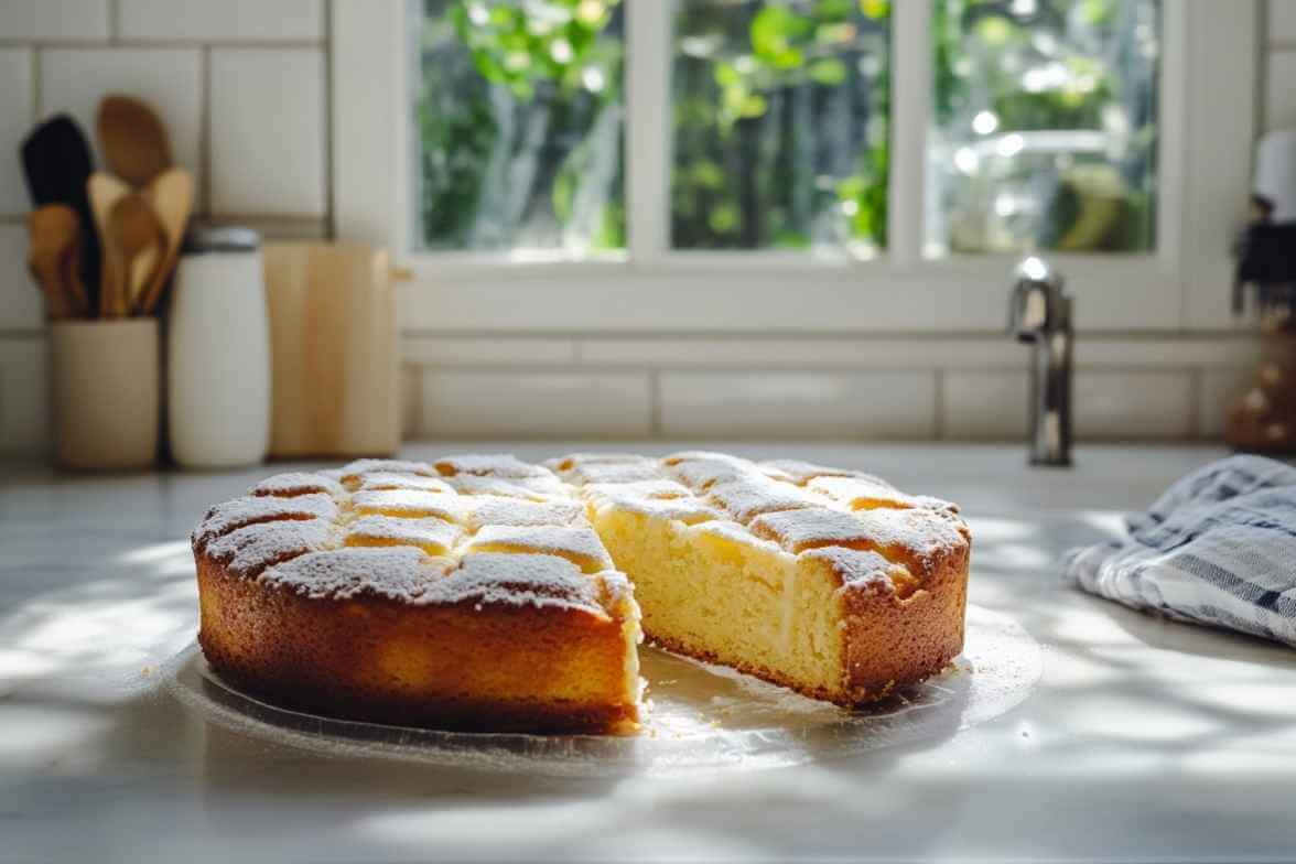 Gâteau breton frais, coupé en parts régulières, saupoudré de sucre glace, sur un plan de travail lumineux avec des ustensiles de cuisine en arrière-plan