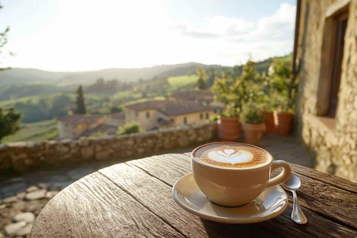 Une tasse de macchiato avec une belle mousse de lait, posée sur une table en bois, avec une vue sur la campagne italienne et des bâtiments pittoresques en arrière-plan.