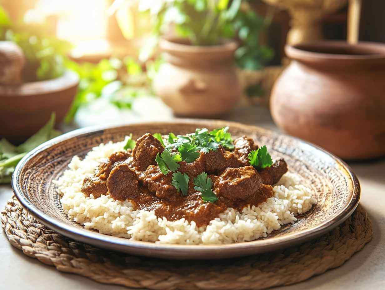 Un plat de mafé de bœuf servi sur du riz basmati, décoré de coriandre fraîche, avec un arrière-plan de cuisine africaine traditionnelle et un éclairage naturel ensoleillé