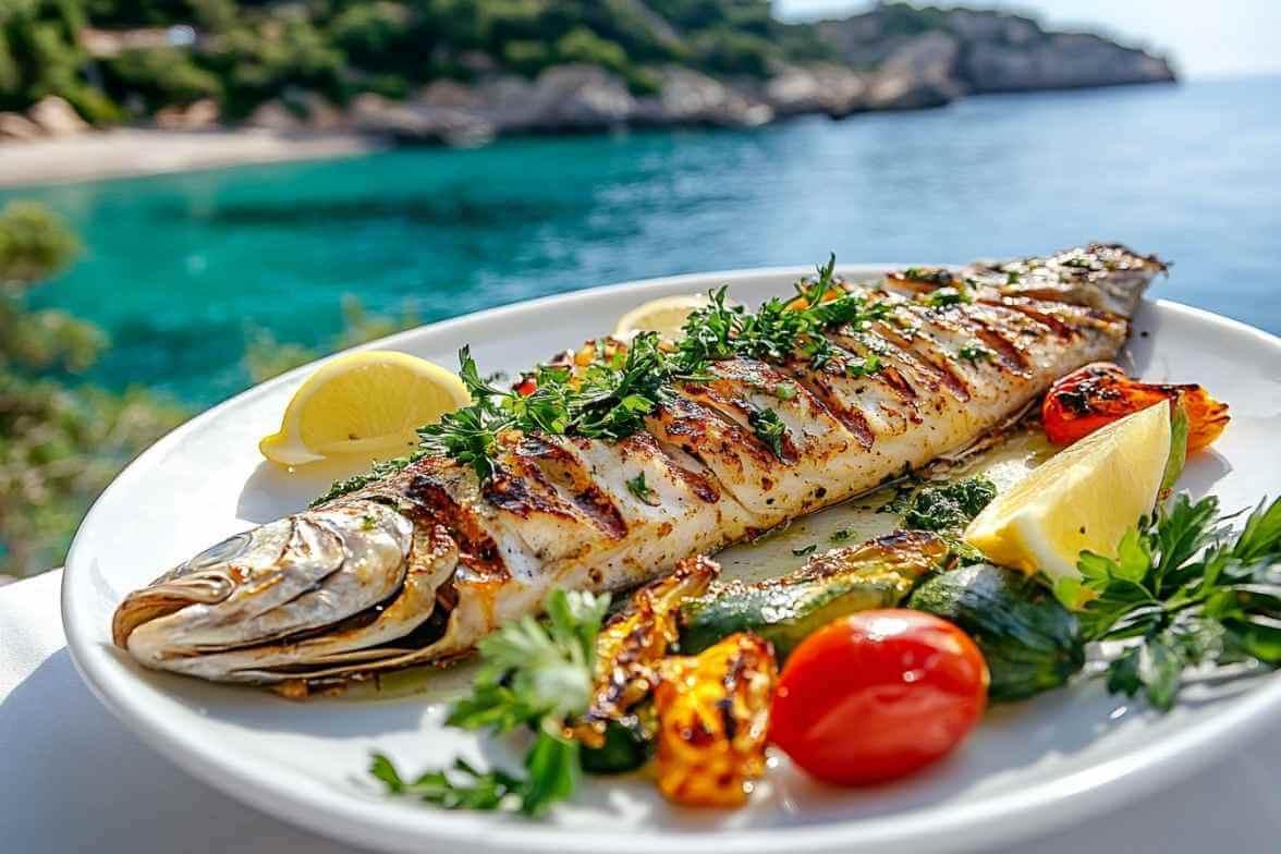 Plat de thonine grillé avec légumes méditerranéens, garniture de persil frais et citron, avec en arrière-plan la mer méditerranéenne ensoleillée.