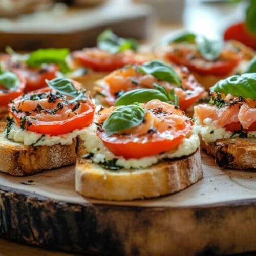 Bruschetta au saumon et tomates fraîches, garnie de feuilles de basilic et de fines herbes sur un plateau en bois.