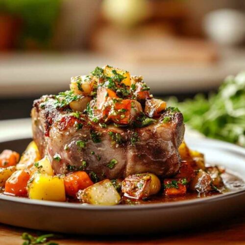 Osso Bucco de Porc servi avec des légumes rôtis et une garniture de gremolata dans une assiette noire, avec un arrière-plan flou d'une cuisine moderne