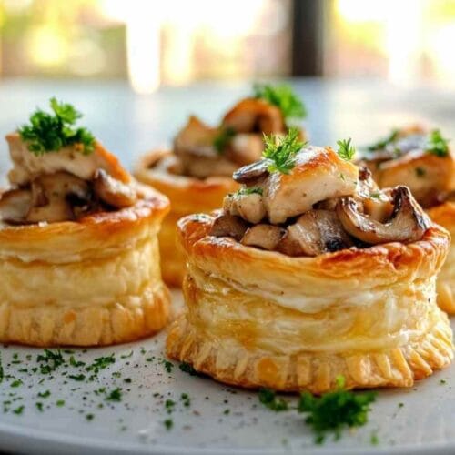 Vols au Vent dorés garnis de poulet et de champignons, présentés sur une assiette blanche avec une touche de persil frais.