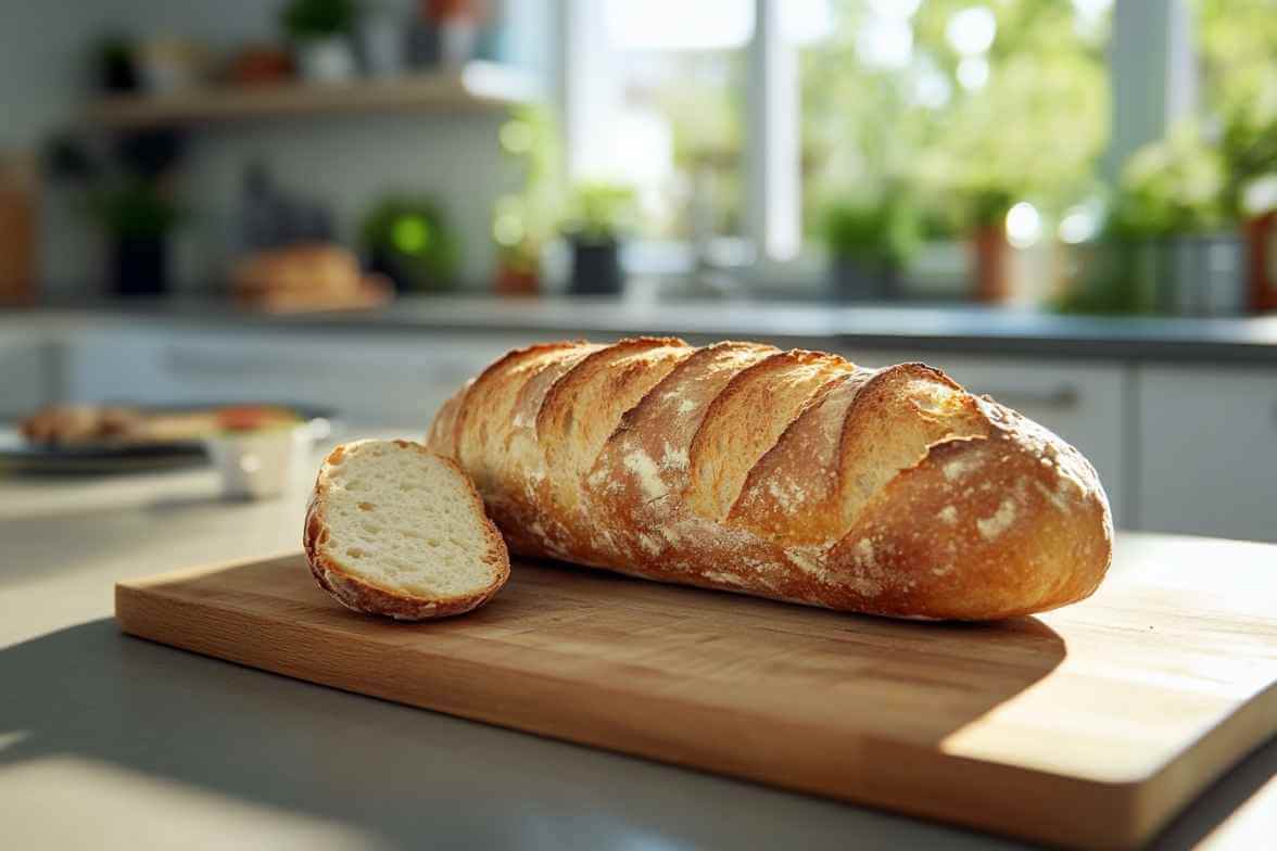 Baguette maison sur une planche à découper.