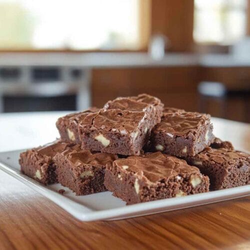 "Brownies au chocolat avec des morceaux de noix, servis sur un plat blanc."