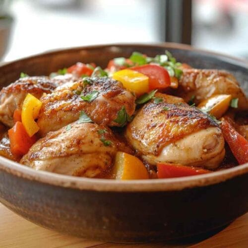 Poulet basquaise cuit avec des légumes colorés, poivrons et tomates, servi dans un plat en terre cuite