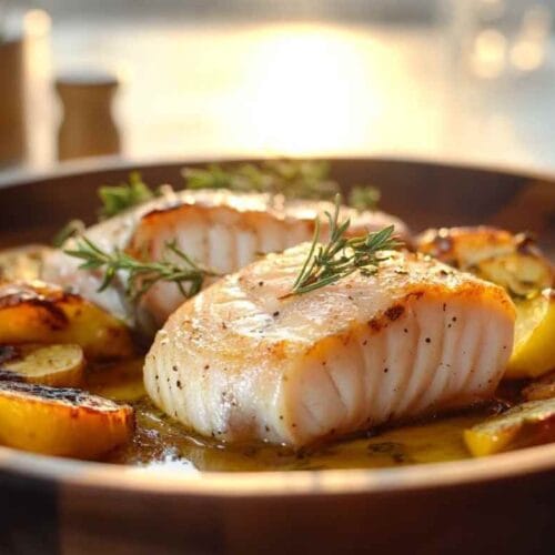 Filets de congre grillés avec des pommes de terre rôties et des herbes fraîches, capturés dans une lumière douce.