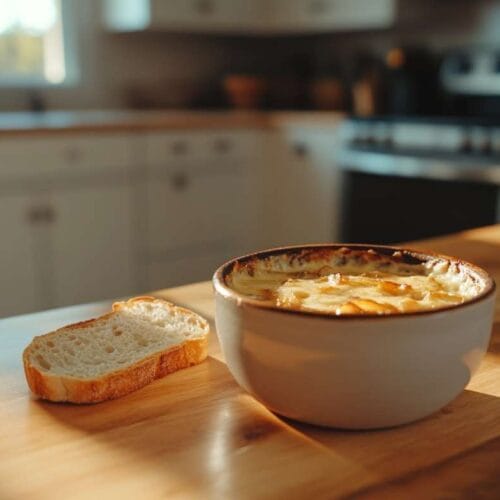 Un bol de soupe à l'oignon gratinée avec une croûte de fromage doré, accompagné de tranches de pain frais, sur une table en bois, dans une cuisine lumineuse.