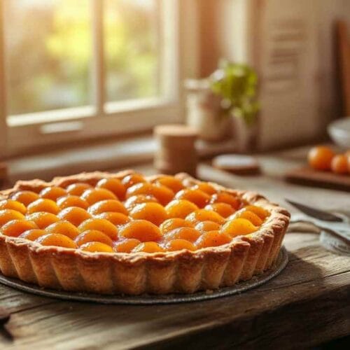 Tarte aux mirabelles dorée, garnie de fruits juteux, cuite à la perfection dans une cuisine ensoleillée avec lumière douce provenant de la fenêtre.