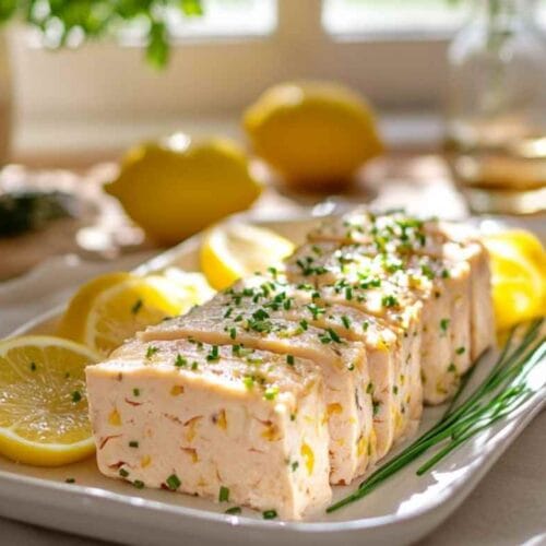 Terrine de poisson tranchée, garnie de ciboulette et de rondelles de citron, présentée dans une assiette, avec des citrons et une cuisine lumineuse en arrière-plan.