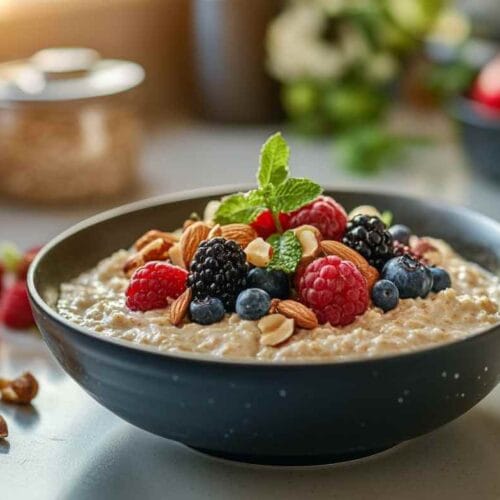 Bol de gruau crémeux garni de framboises, mûres, myrtilles et amandes, posé dans une cuisine lumineuse.