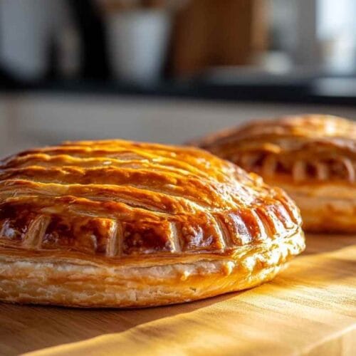 Deux Pithiviers dorés et brillants, posés sur un plan de travail en bois dans une cuisine lumineuse. 