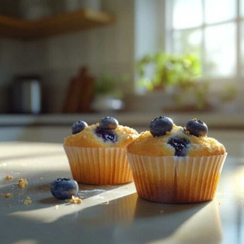 Deux muffins aux bleuets sur une surface de cuisine moderne, avec des bleuets visibles sur le dessus et des miettes de sucre autour.