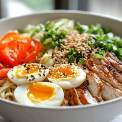 Bol de ramen avec poulet grillé, œufs mollets, tomates fraîches, oignons verts, graines de sésame et nouilles.