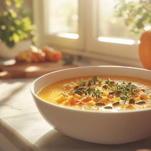 Soupe de citrouille garnie de graines de citrouille, de thym frais et de morceaux de citrouille, servie dans un bol sur un comptoir lumineux avec des plantes et une citrouille en arrière-plan.