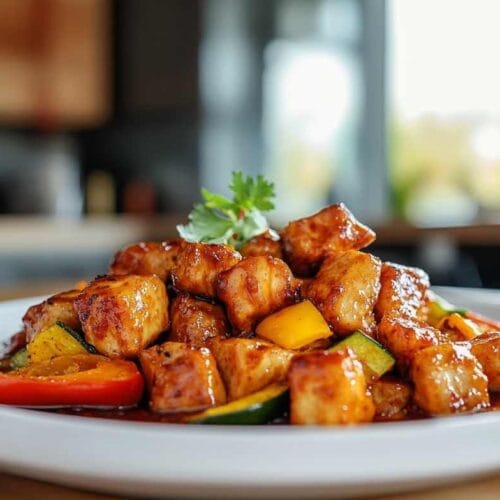 Morces de seitan avec légumes grillés et sauce dans une assiette, garnis de coriandre fraîche.