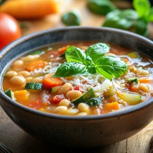 Bol de soupe Minestrone maison, garni de basilic frais, de légumes colorés et de fromage râpé