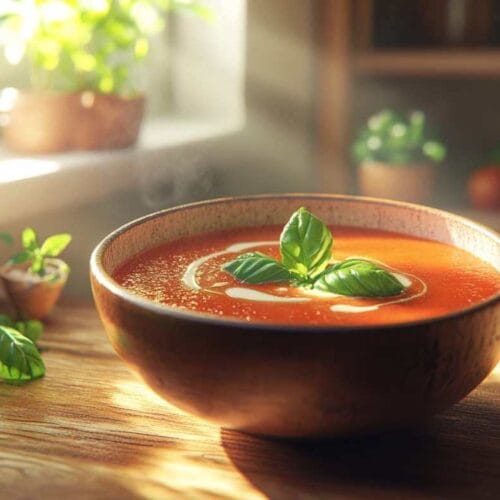 Soupe tomate chaude avec du basilic frais, présentée dans un bol en bois avec une lumière naturelle qui illumine l'arrière-plan, créant une ambiance chaleureuse.