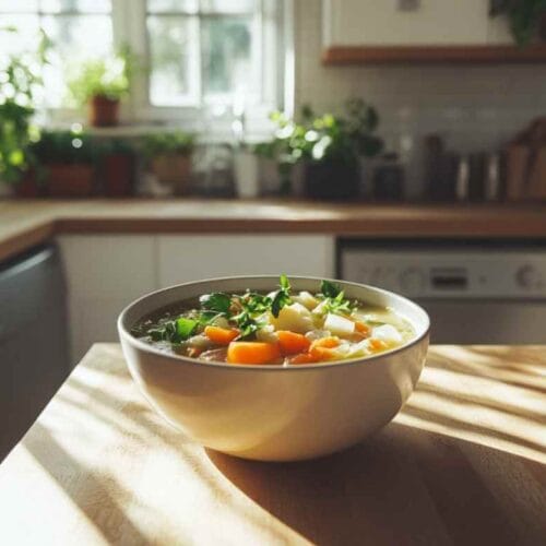 Bol de soupe aux choux avec des légumes frais (carottes, pommes de terre), garni de herbes, posé sur une table en bois dans une cuisine moderne, baignée de lumière naturelle