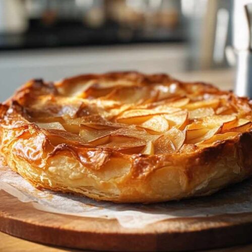 Croustade aux pommes dorée avec des tranches de pommes caramélisées, sur un support en bois, dans une cuisine moderne ensoleillée