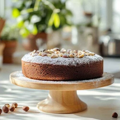 Gâteau Nutella moelleux avec noisettes concassées, saupoudré de sucre glace, sur un plateau en bois dans une cuisine moderne lumineuse.