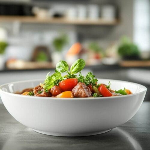 Ragoût de bœuf servi dans un bol blanc, avec des légumes frais comme des tomates et du persil, dans une cuisine moderne.