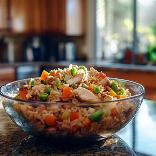 Un plat de riz frit au poulet avec des légumes colorés, servi dans un bol en verre, avec un arrière-plan lumineux d'une cuisine moderne.